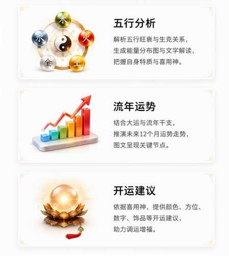 核心功能：精准排盘、五行分析、流年运势、开运建议